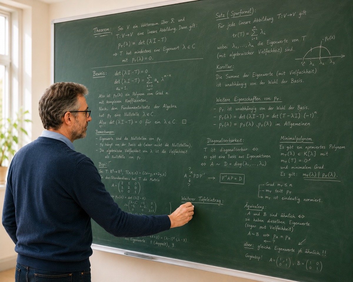 Professor, der an einer Tafel stehend, mit dem Rücken zu den Studenten zugewandt, Formeln notiert